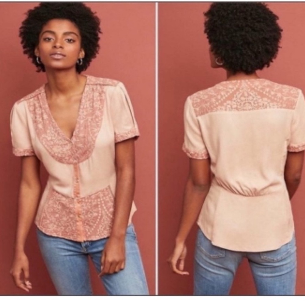 Anthropologie TINY Talia Embroidered Lace Button Front Blouse In Blush Pink
